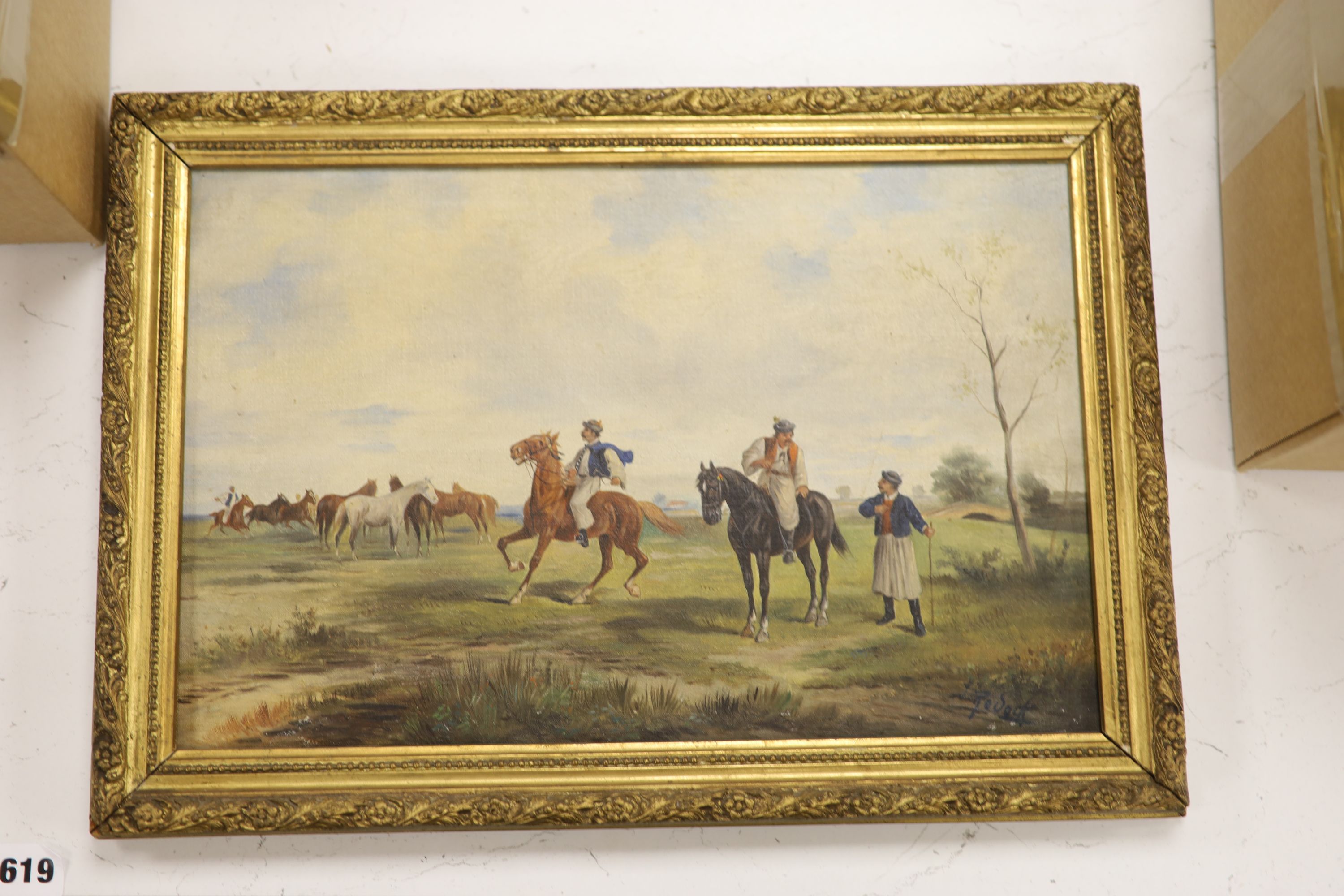 J. Rodack, oil on canvas, Eastern European horseman in a landscape, 25 x 38cm
